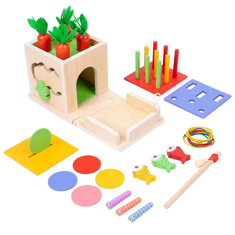 CozyGlee Wooden Montessori Baby Toys, 8-in-1 Wooden Play Kit Includes Object Permanent Box, Coin Box, Carrot Harvest, Shape Sorting & Stacking - Christmas Birthday Gift for Boys Girls Toddlers