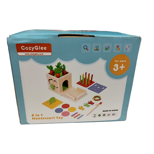 CozyGlee Wooden Montessori Baby Toys, 8-in-1 Wooden Play Kit Includes Object Permanent Box, Coin Box, Carrot Harvest, Shape Sorting & Stacking - Christmas Birthday Gift for Boys Girls Toddlers